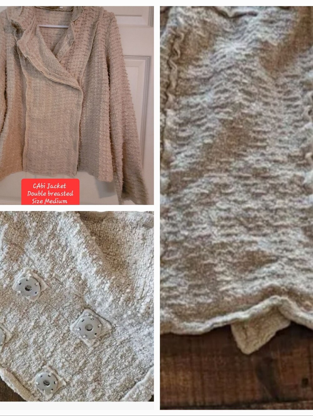CAbi Cream Bouclé Double-Breasted Sweater Jacket
